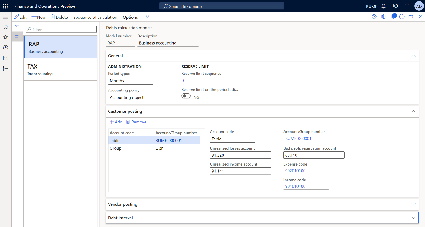 Creating models on the Debts calculation models page.