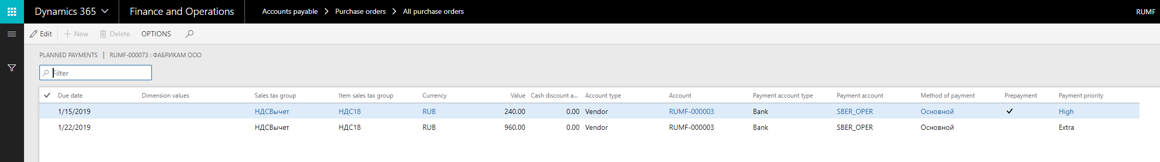 Planned payments on purchase orders.