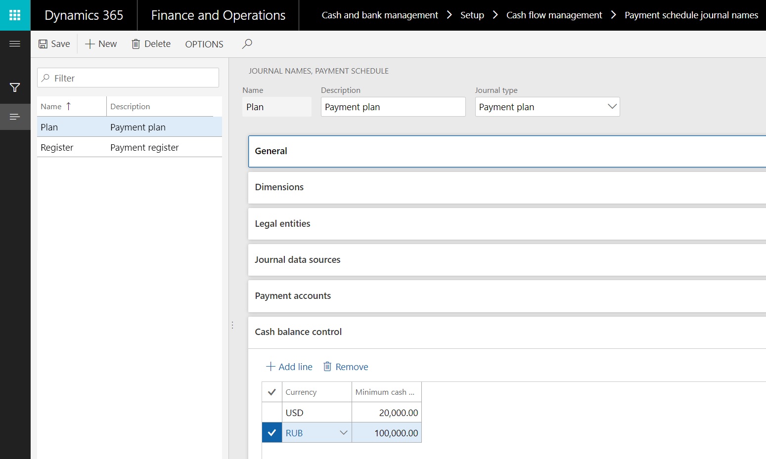 Payment schedule journal names page, Cash balance control FastTab.