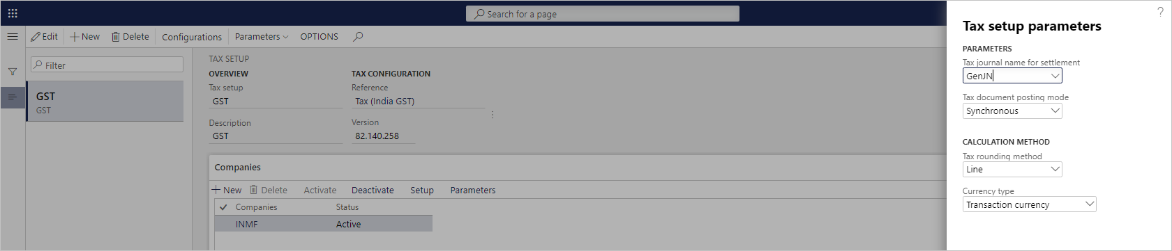 Tax setup parameters dialog box.