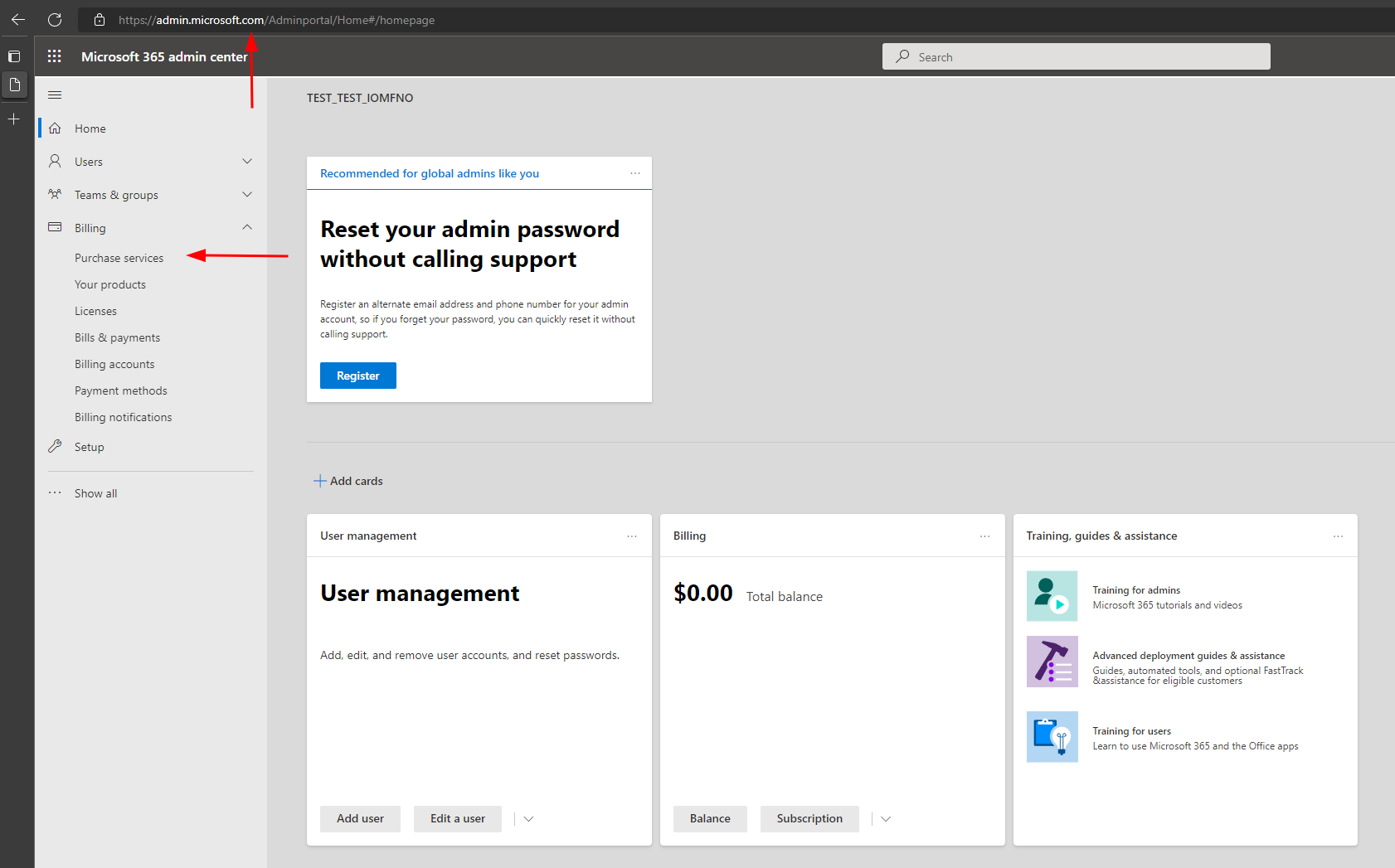 Billing > Purchase services in the left navigation in the Microsoft 365 admin center.