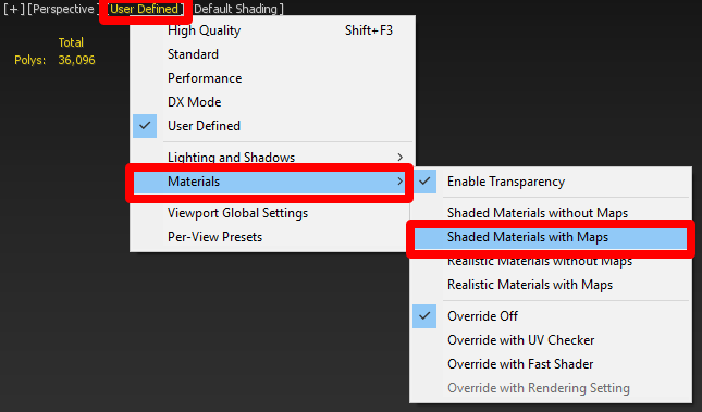 Option „Shaded Materials with Maps“.