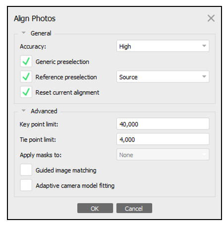 Standardeinstellungen von „Align Photos“.