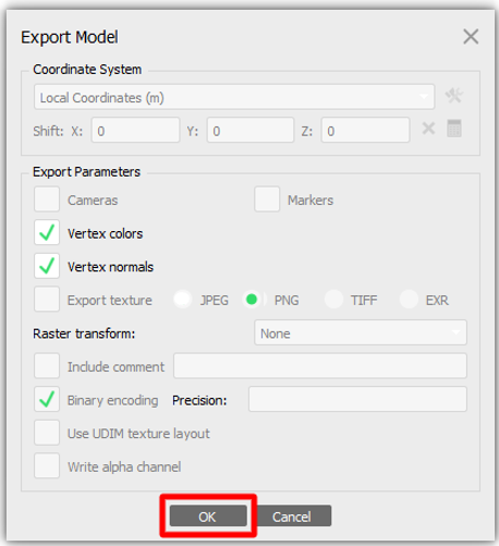 „Export Model“-Einstellungen.