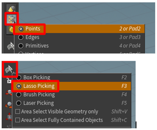 Auswahl von Points-Verfahren und Tool „Lasso Picking“.