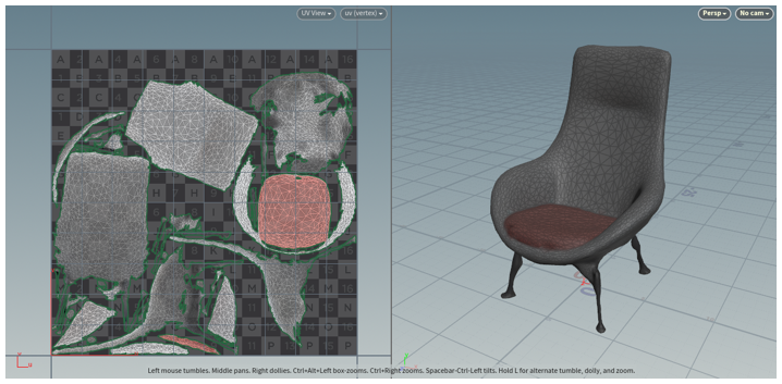 Nicht abgewickelte UVs und 3D-Objekt.