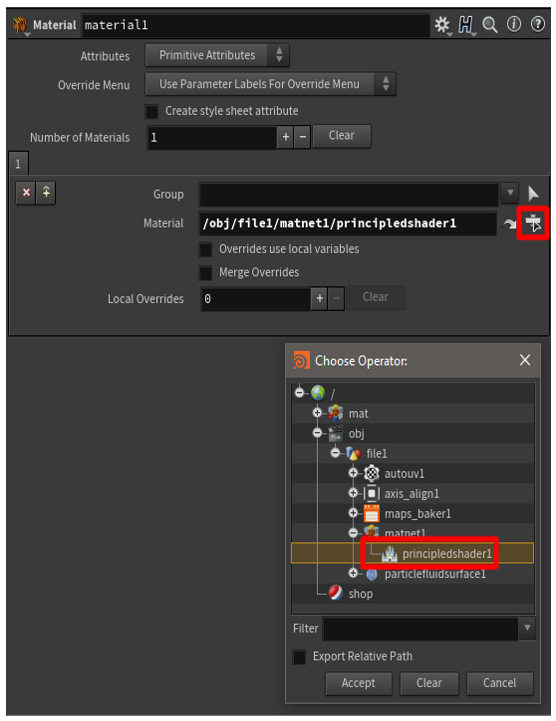 Schaltfläche „Choose Operator“ und ausgewählte Materialdatei.