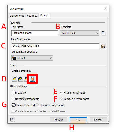 Einstellungen auf der Registerkarte „Features“.