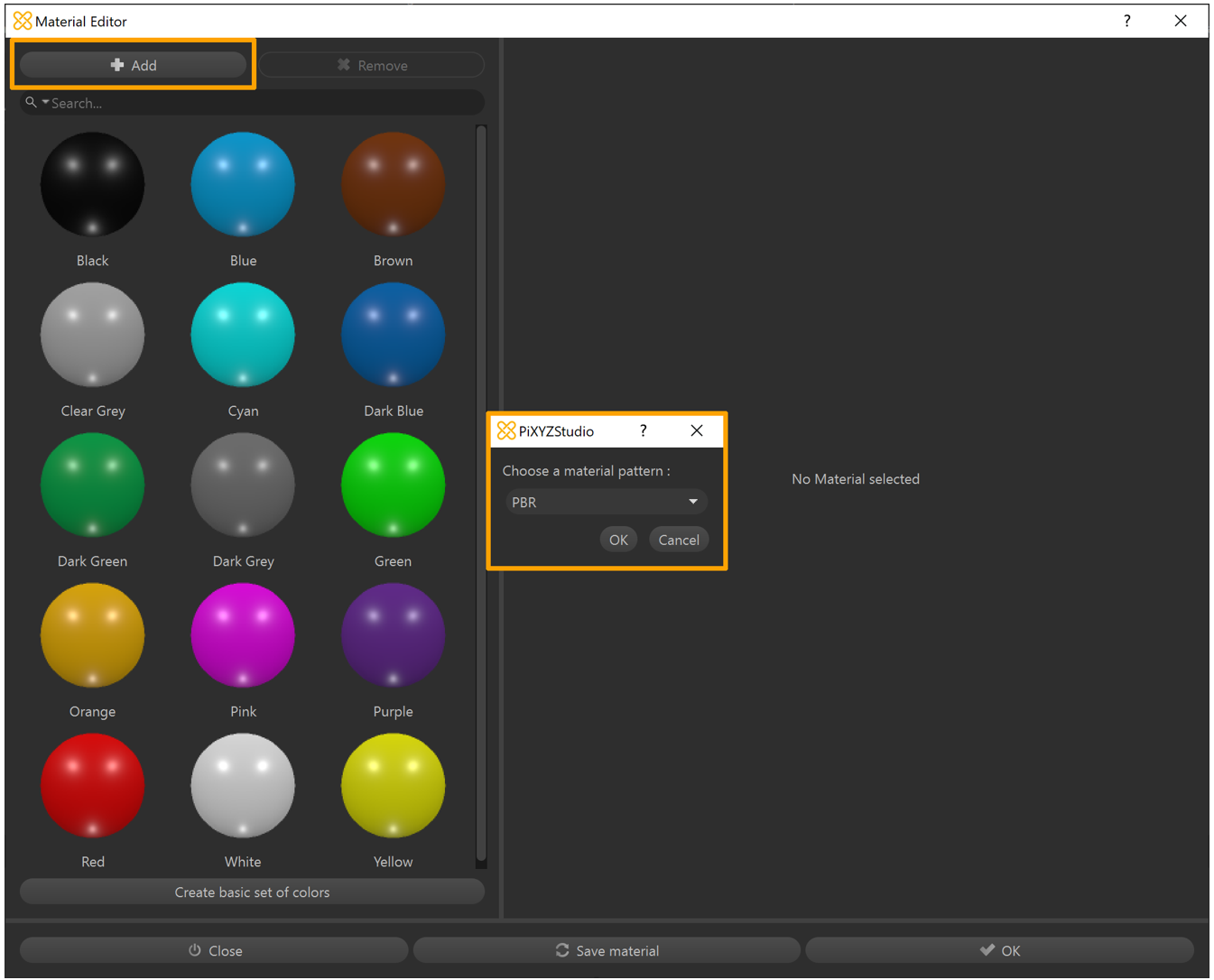 Fenster „Material Editor“ mit der Liste „Choose a material pattern“