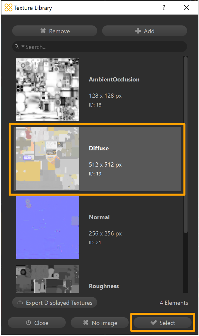 Auswählen der Texturmap „Diffuse“ im Fenster „Texture Library“