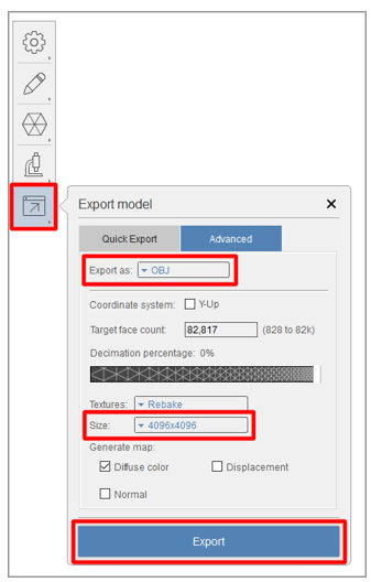 „Export Model“-Einstellungen.