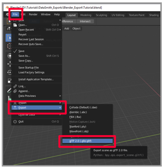 Befehl „glTF 2.0 (.glb/.gltf)“.