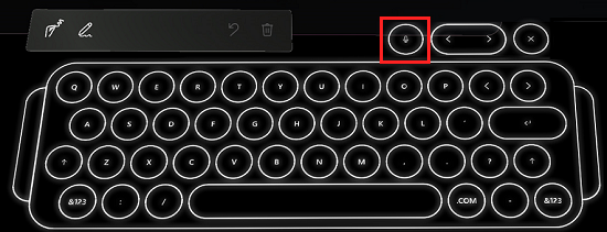 Screenshot mit holografischer Tastatur und hervorgehobener Mikrofon-Schaltfläche für die Diktieroption.