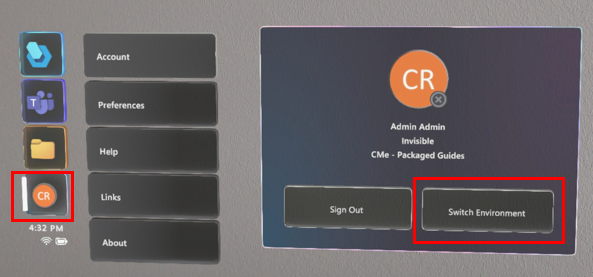 Screenshot, der das Profil und den Wechsel der Umgebung in HoloLens anzeigt.