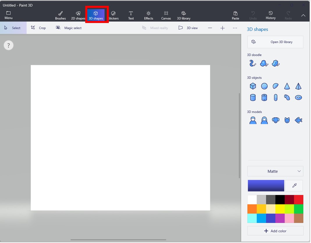 Screenshot von Paint 3D mit hervorgehobenem Befehl „3D-Formen“.