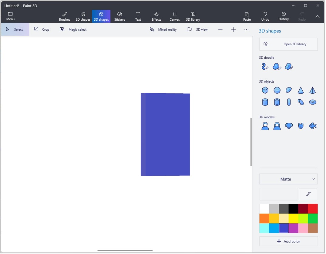 Screenshot von Paint 3D mit auf Bedienfeldform verkleinertem Bild.