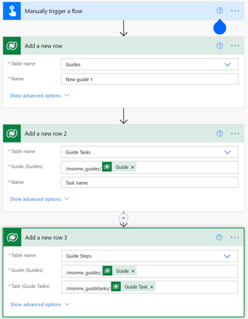 Power Automate-Screenshot mit drei „Tabelle hinzufügen“-Zeilen für drei erforderliche Tabellen.