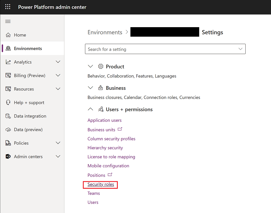 Screenshot vom Power Platform Admin Center mit hervorgehobenen „Einstellungen > Sicherheitsrollen“.