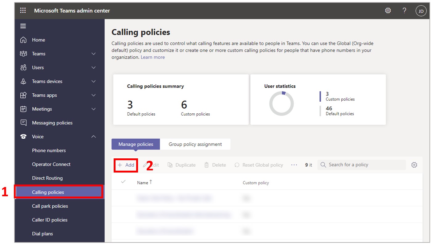 Screenshot von Microsoft Teams Admin Center mit hervorgehobenem Befehl „Anrufrichtlinien“ und Schaltfläche „Hinzufügen“.