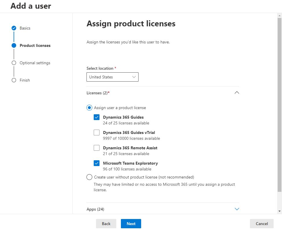 Screenshot zeigt die ausgewählten Dynamics 365 Guides- und Microsoft Teams-Kontrollkästchen.