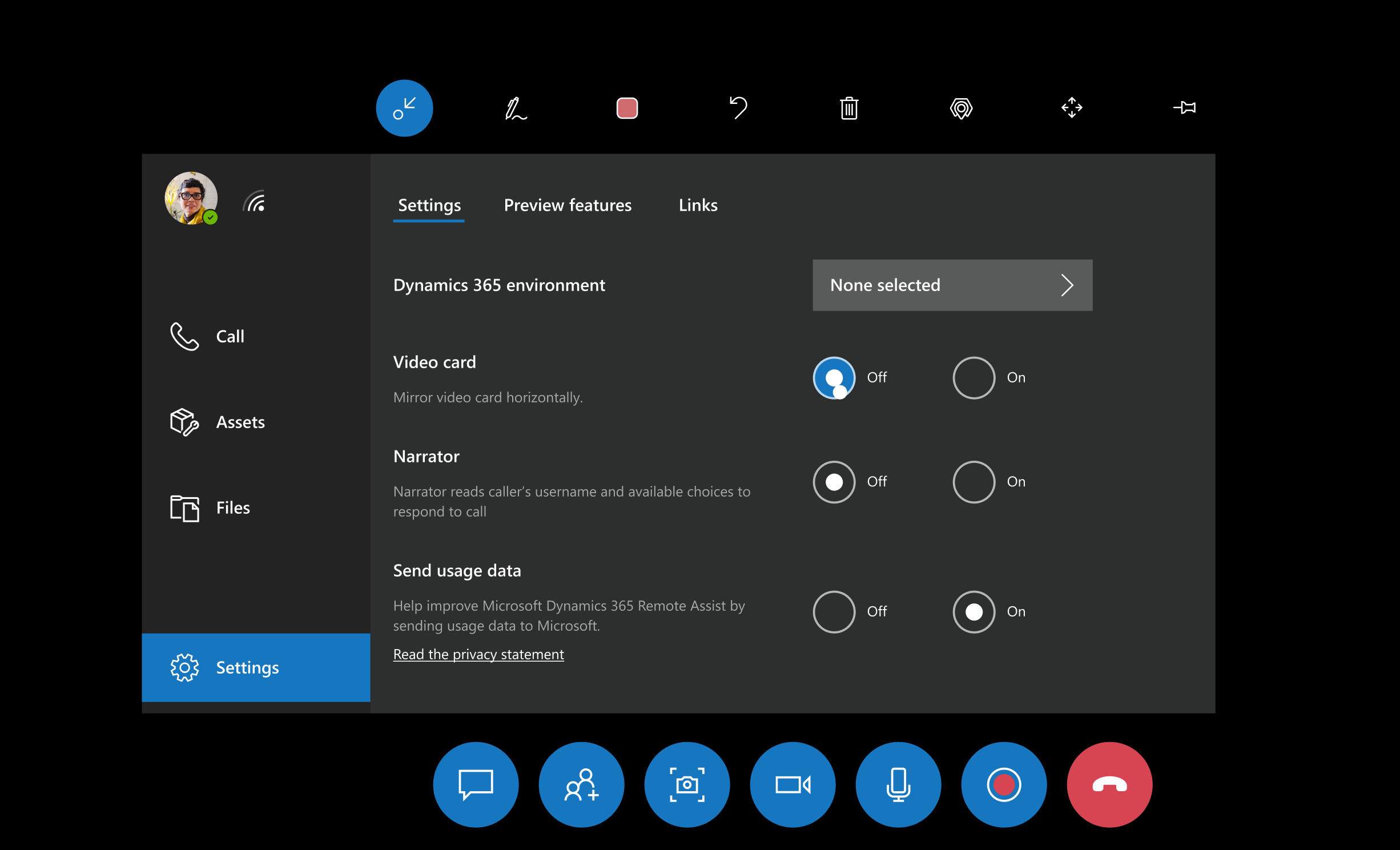 Screenshot des Sichtfelds in HoloLens mit dem Bildschirm der Registerkarte „Einstellungen“.