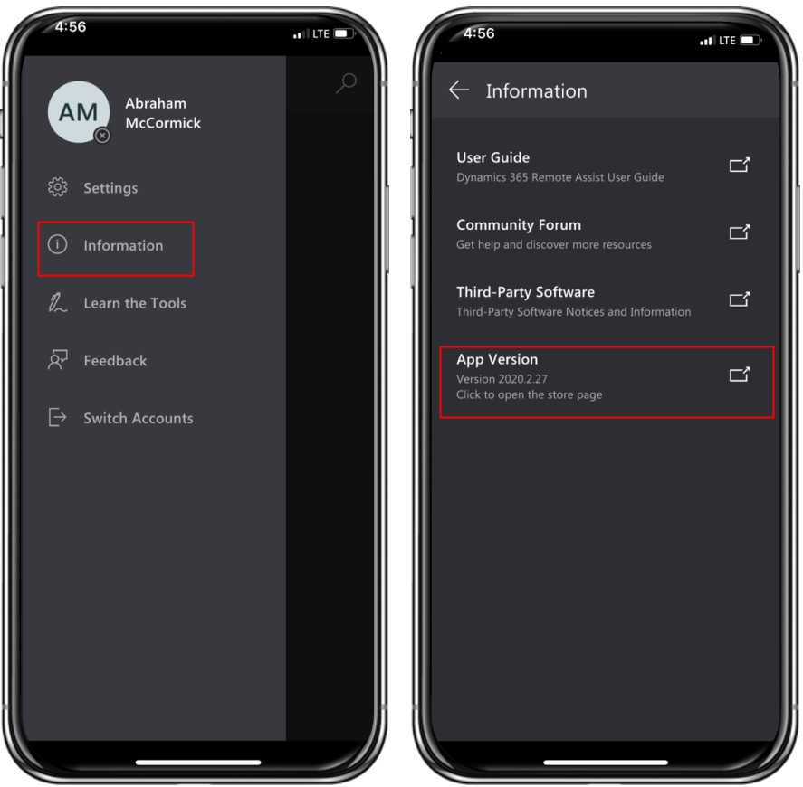 Screenshot von Dynamics 365 Remote Assist auf einem mobilen Gerät mit der Option „Information“ und der aufgelisteten App-Version.