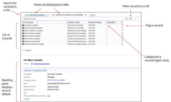 Listen- und Lesebereich in Dynamics 365 for Outlook.