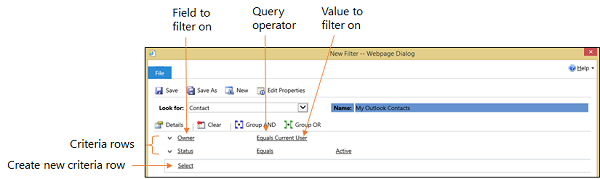 Synchronisierungs- oder Offlinefilterkriterienraster in Dynamics 365-Apps.