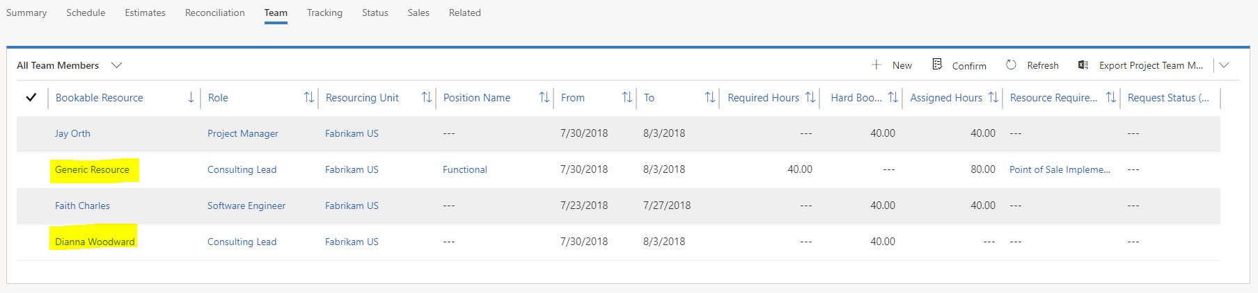 Zwei benannte Ressourcen auf der Teamregisterkarte.