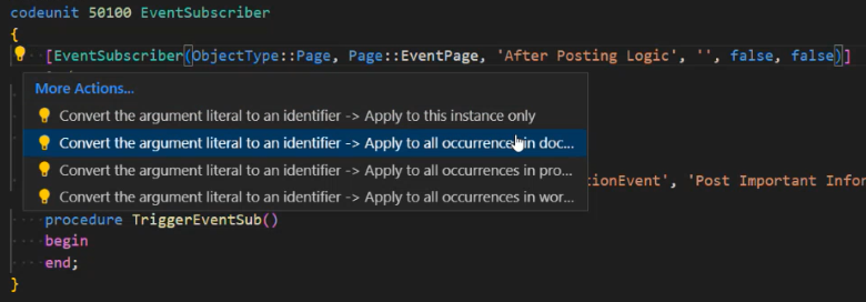 Codeaktion zum Konvertieren vorhandener Ereignisparameter in Ereignisabonnenten vom Zeichenfolgenliteral zu Bezeichner