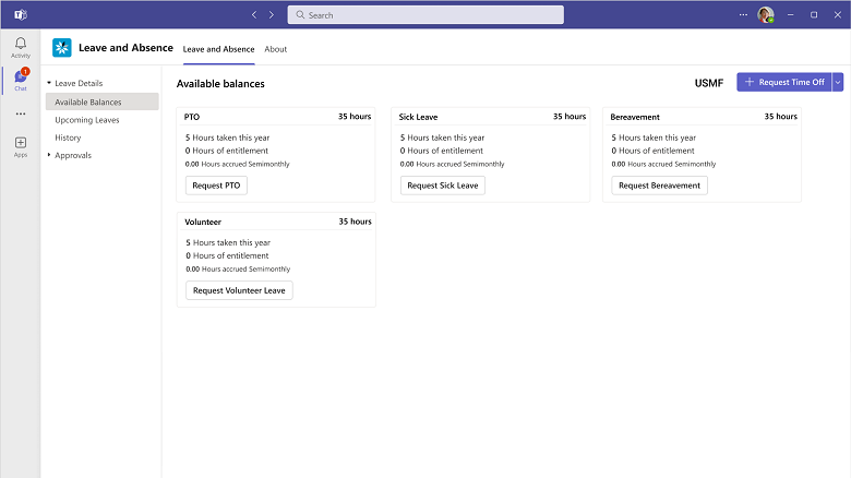 Anzeige des verfügbaren Urlaubssaldos über die Registerkarte „Urlaub und Abwesenheit“ in der Microsoft Teams-Desktop-Anwendung