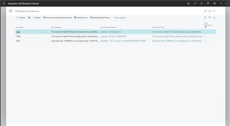 Fehler bei der Datenaktualisierung für die Migration aus Dynamics GP