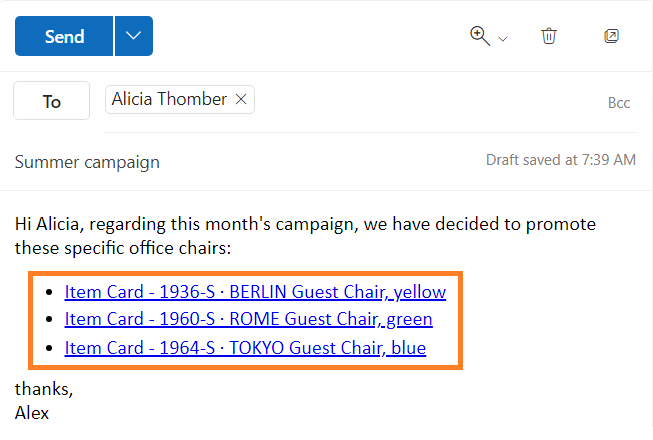 Ein E-Mail-Entwurf in Microsoft Outlook in dem einige Deep-Links eingefügt wurden