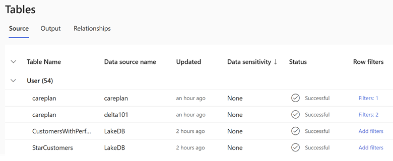 Screenshot der Seite „Tabellen“ in Customer Insights - Data mit Zeilenfilterung