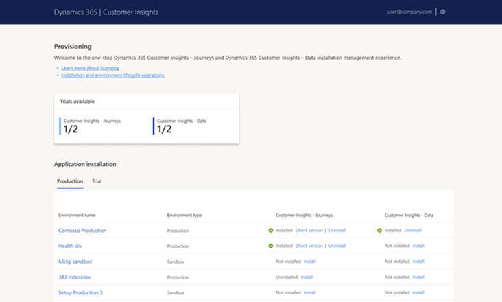 Screenshot der Installationsseite in Customer Insights ohne Installationsbeschränkung