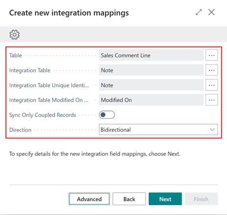 Zeigt den Schritt mit den Details der neuen Integrationstabellenzuordnung