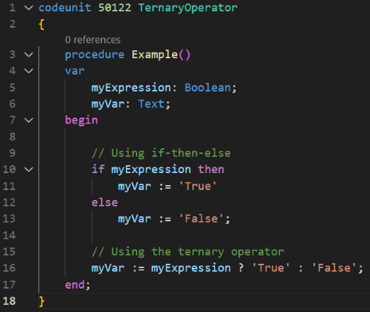 Beispiel für die Verwendung eines ternären Operators in AL, um einen Variablenwert bedingt zuzuweisen.