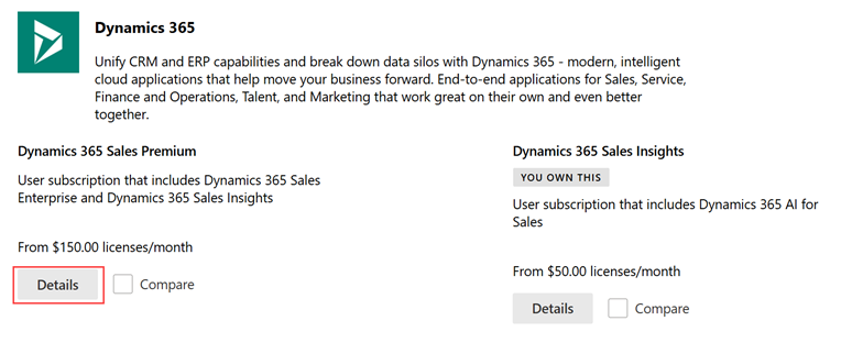 Screenshot der Dynamics 365 Sales Premium-Lizenzseite mit hervorgehobenen Schaltflächen-Details.