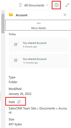 Screenshot des Detailbereichs in SharePoint mit hervorgehobenem Informationssymbol und Pfadfeldern.