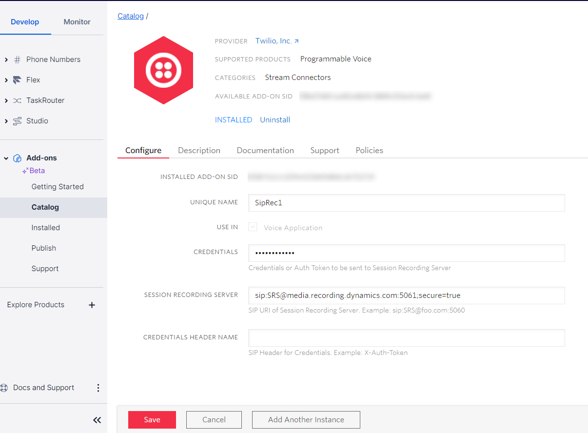 Screenshot der Einstellungen des Twilio Admin Centers