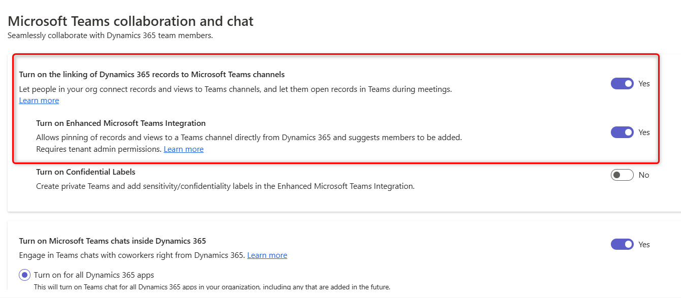 Screenshot der Zusammenarbeits- und Chateinstellungen von Microsoft Team