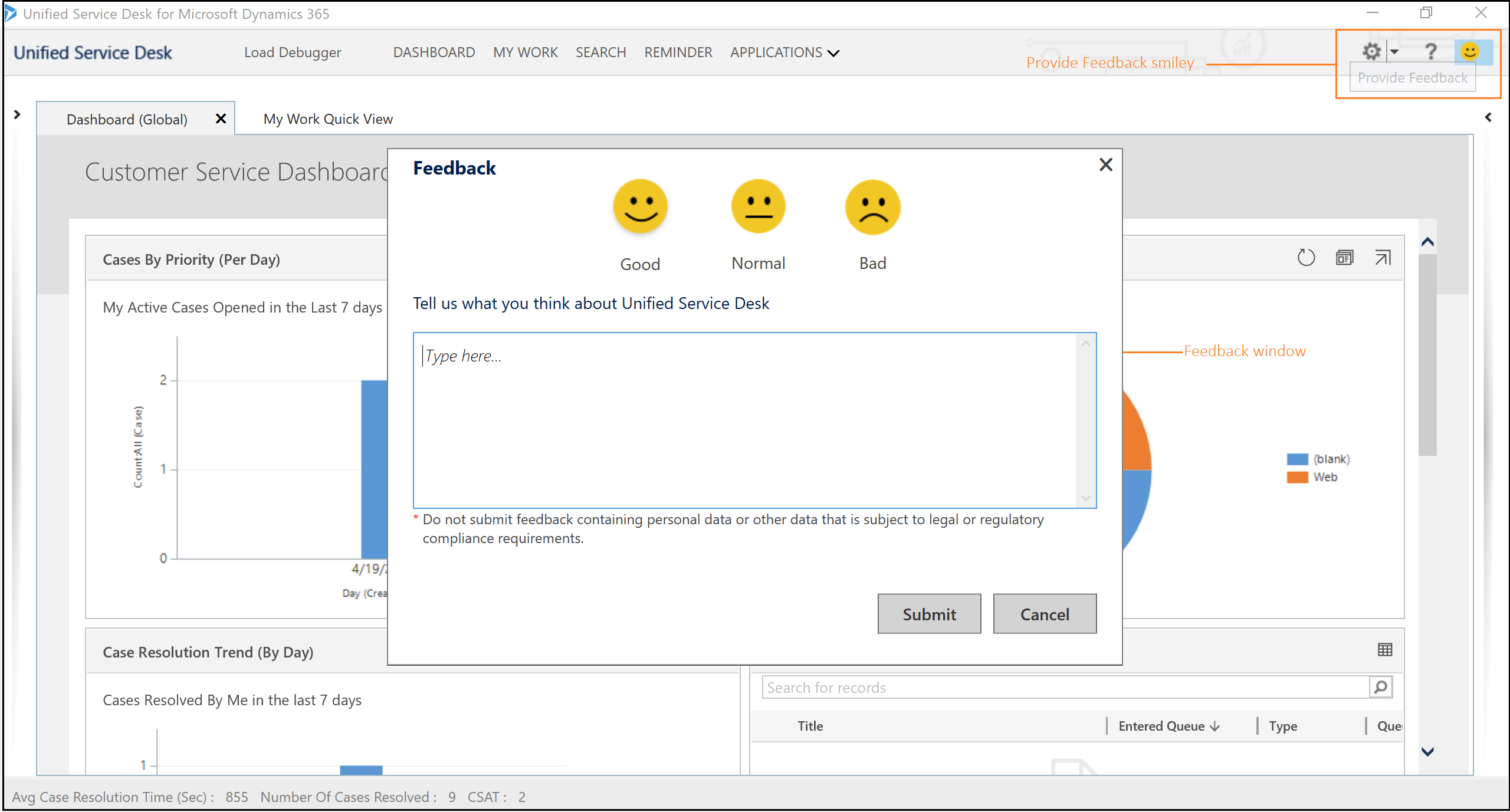 „Feedback senden”-Smiley und -Fenster.