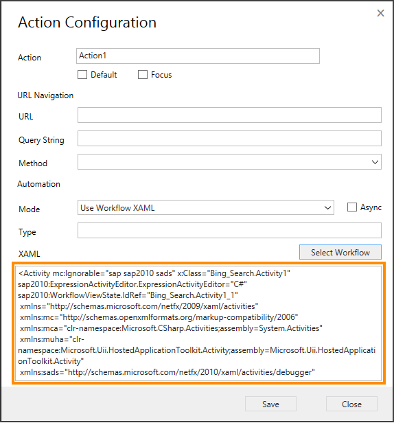 XAML für den ausgewählten Workflow.