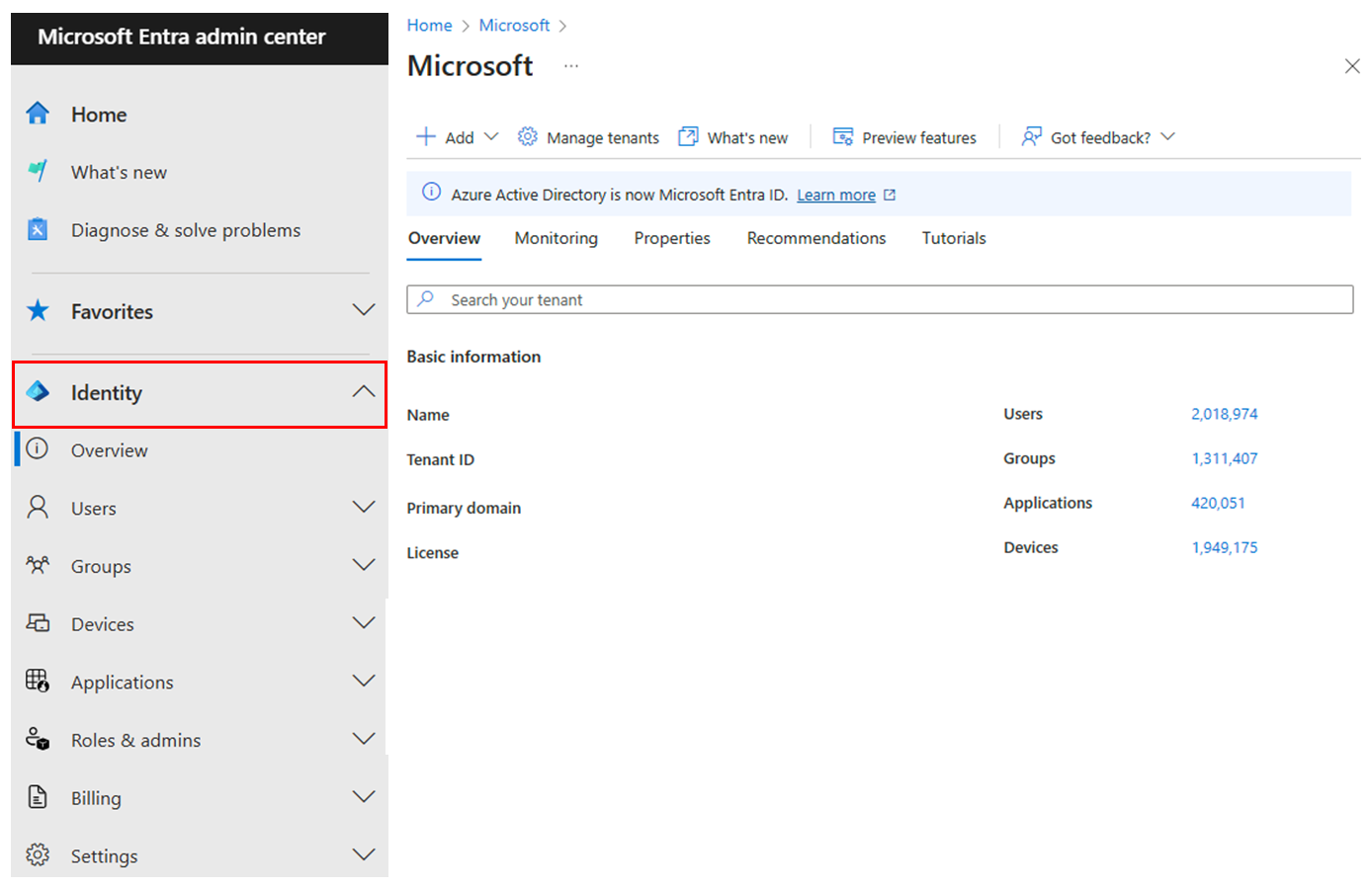 Screenshot des Menüs „Identität“ im Microsoft Entra Admin Center