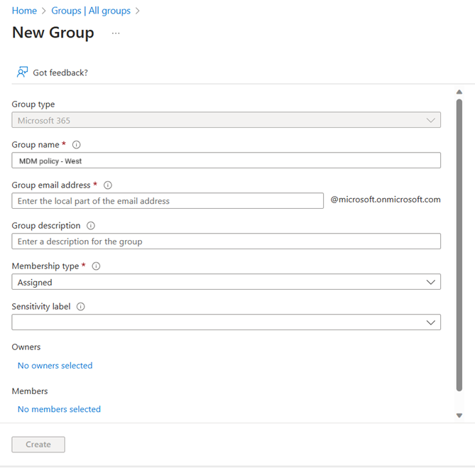 Screenshot of the New group page in the admin center.