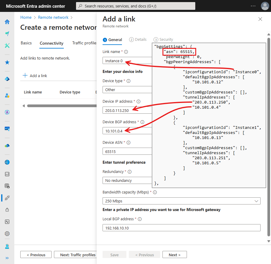 Screenshot: Formular „Verbindung hinzufügen“ mit Pfeilen, die die Beziehung zwischen dem JSON-Code und den Verbindungsinformationen zeigen