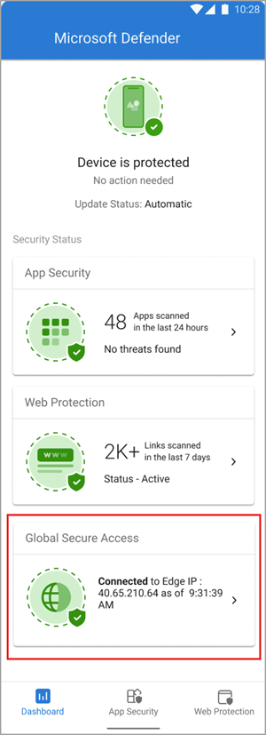 Screenshot der Defender-App mit der Kachel „Globaler sicherer Zugriff“ im Dashboard.