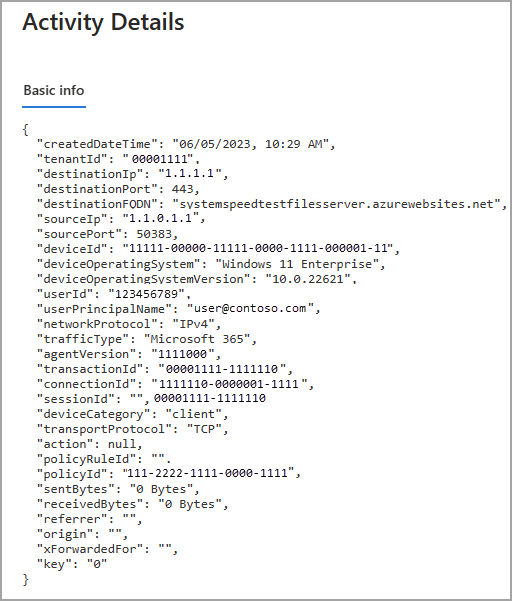 Screenshot der Details der Datenverkehrsprotokollaktivität.