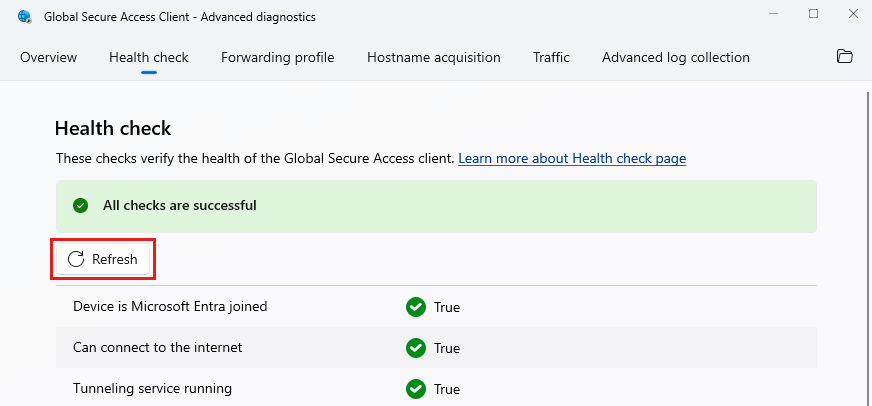 Screenshot der Registerkarte „Integritätsprüfung“ für den globalen sicheren Zugriff mit hervorgehobener Schaltfläche „Aktualisieren“.