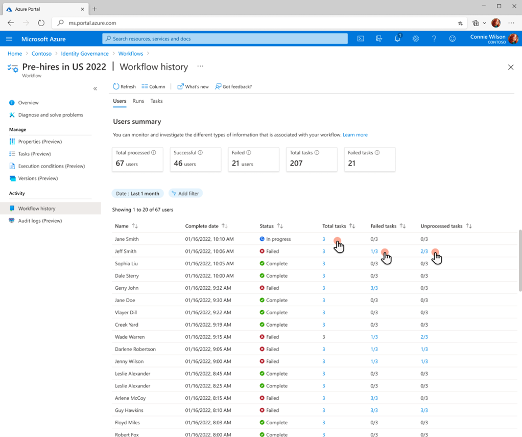 Screenshot einer Liste von Workflow-Zusammenfassungen.